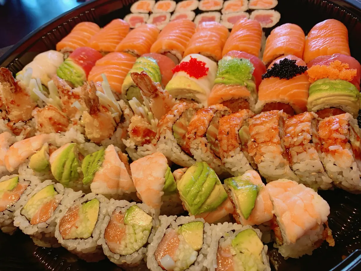 Party tray of tempura, spicy and avocado rolls