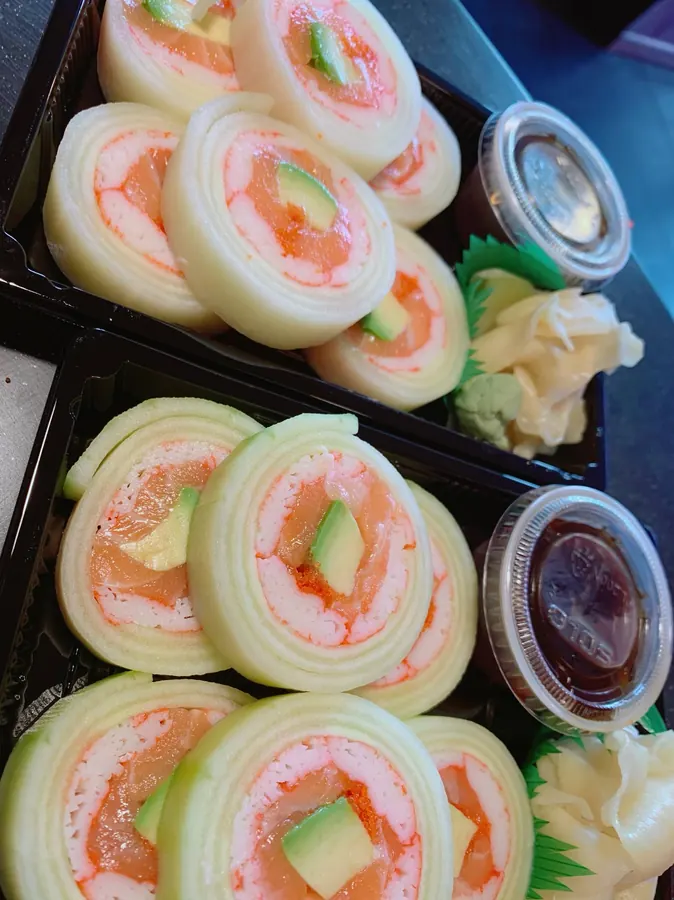 Salmon Naruto Roll wrapped in thin-sliced cucumber
